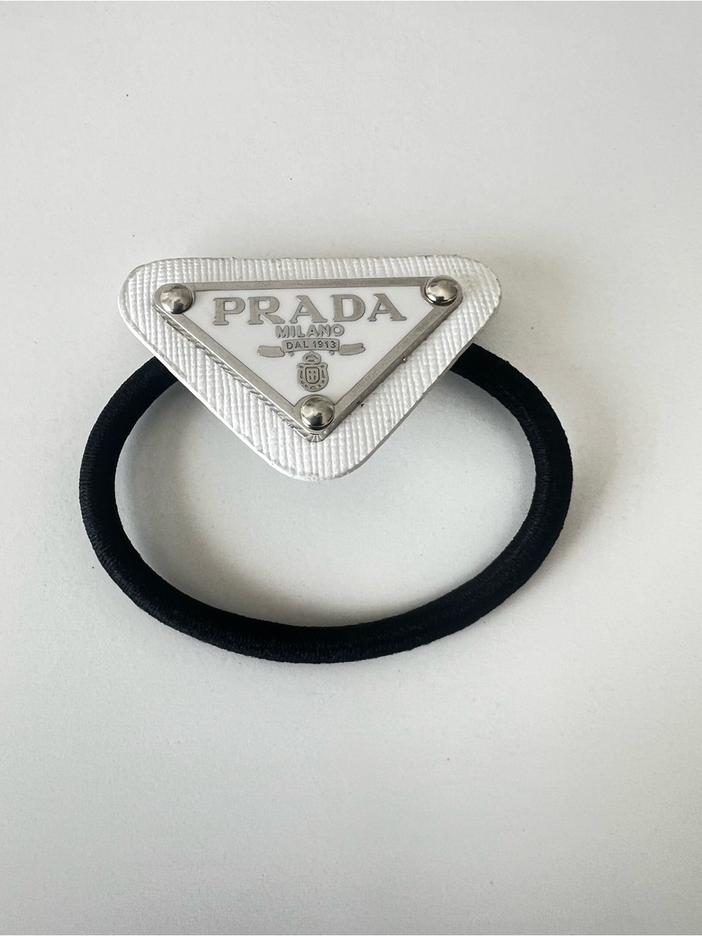 Prada White Triangle Logo Hair Elastic with Black Band